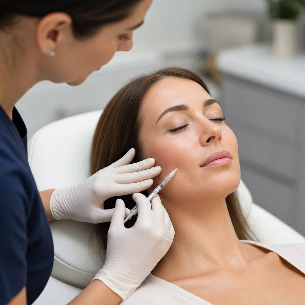 Close-up of a professional applying Restylane treatment to a client's face in a clinical setting.